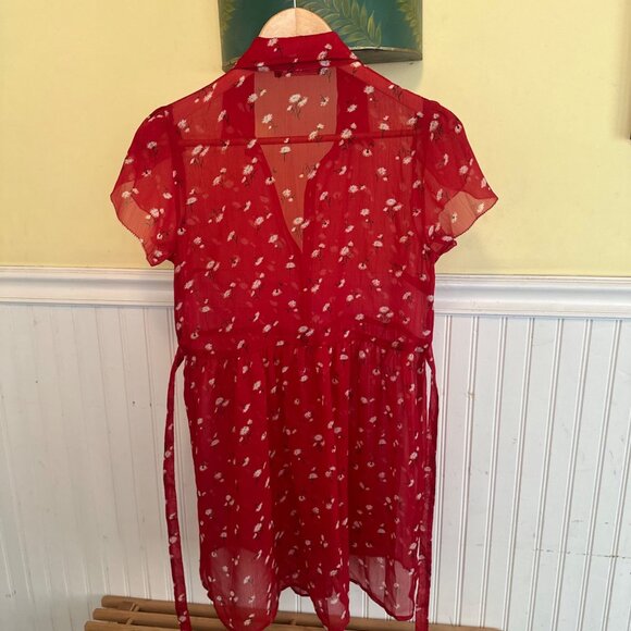 Abercrombie & Fitch Red Floral Sheer Short-Sleeve babydoll Dress S - Picture 2 of 8